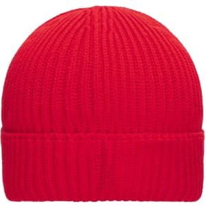 A red knitted beanie featuring a ribbed texture and a fold-over cuff, with a logo on the side.
