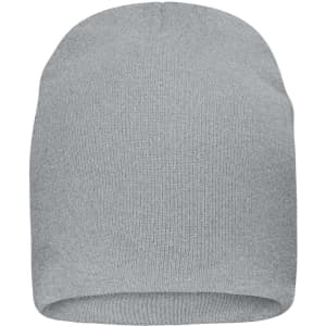 A casual beanie in grey, made from bio cotton. It features a ribbed texture and has a logo.
