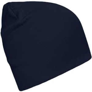 A navy blue casual beanie made from bio cotton, featuring a simple design and a branding logo.