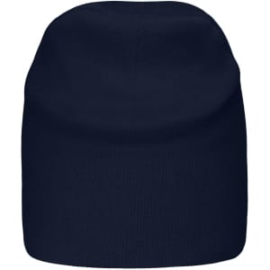 A navy blue casual beanie, featuring a soft, knitted texture and a simple design. It has a logo on the side.