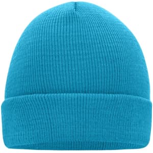 A knitted beanie in bright blue with a ribbed texture and a fold-up cuff. It features a logo on the side.