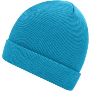 A turquoise knitted beanie with a cuffed design, showcasing a simple and classic style.