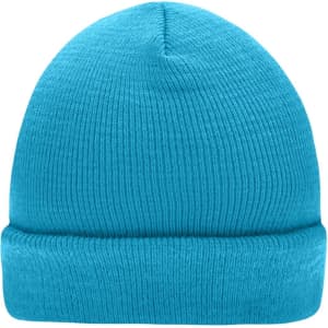A knitted beanie in bright turquoise, featuring a ribbed texture and a folded cuff. It has a logo on one side.