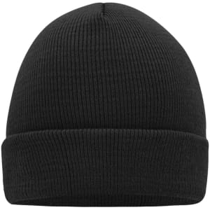 A knitted beanie in black with a ribbed texture and a folded cuff. It features a logo on the side.