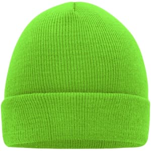 A knitted beanie in bright green featuring a rolled cuff and textured fabric. It has a logo on the side.