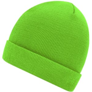 A bright green knitted beanie with a turned-up cuff, featuring a logo on the side.