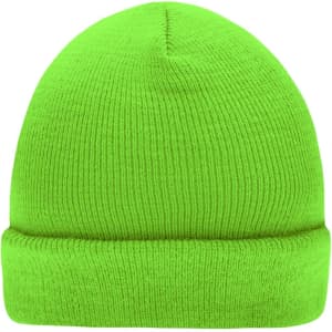 A bright green knitted beanie with a folded cuff and a textured finish, featuring a logo.