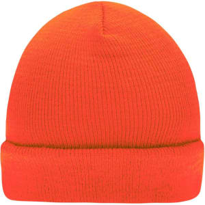 A knitted beanie in bright orange with a folded hem, featuring a logo on the side.