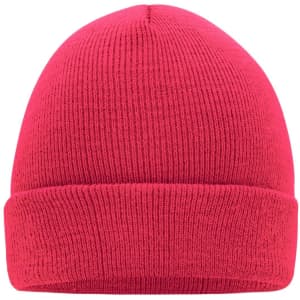 A knitted beanie in bright pink with a rolled cuff and textured finish. It features a logo on the side.