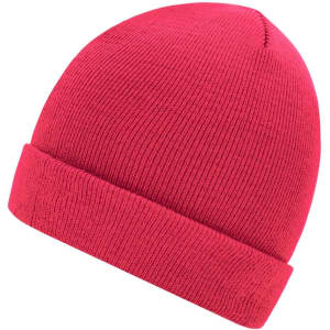 A pink knitted beanie with a folded brim and ribbed texture, featuring a logo on one side.