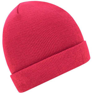 A red knitted beanie with a folded cuff and textured surface, featuring a logo on one side.