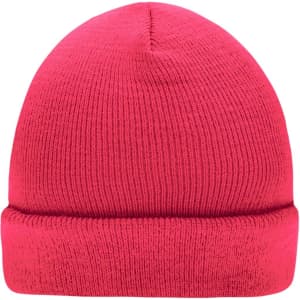 A knitted beanie in bright pink with a turned-up cuff. It features a logo on the side.