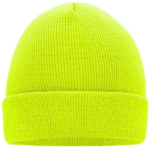 A knitted beanie in bright yellow with a folded cuff and a textured finish, featuring a logo.