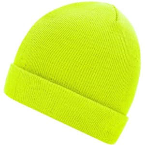 A knitted beanie in bright yellow with a rolled cuff. It features a logo on the side.