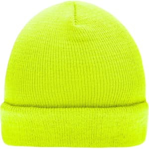 A bright yellow knitted beanie with a folded cuff and a textured pattern. It features a logo on the side.