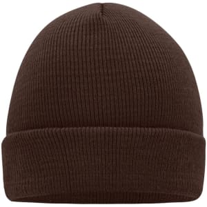 A brown knitted beanie with a rolled cuff and ribbed texture, featuring a logo on the side.