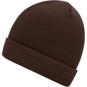 A knitted beanie in a rich brown colour with a rolled cuff design and a textured finish.