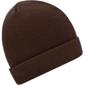 A brown knitted beanie with a folded cuff and ribbed texture, featuring a logo.