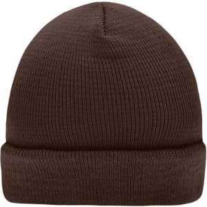 A brown knitted beanie with a ribbed texture and a turned-up cuff. It features a logo on the side.