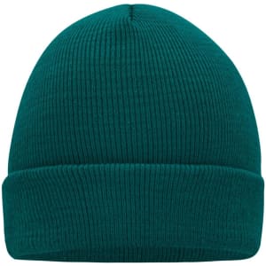 A knitted beanie in a teal colour, featuring a ribbed texture and a folded cuff. It has a logo on it.