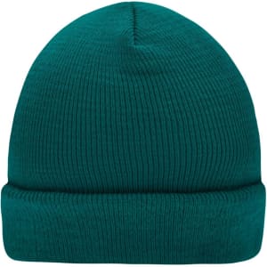 A knitted beanie in teal, featuring a textured ribbed pattern and a turned-up cuff. It has a logo on the side.