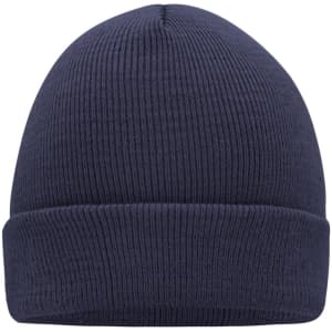 A knitted beanie in navy blue featuring a ribbed texture and a rolled cuff, with a logo on the side.