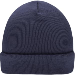 A knitted beanie in navy blue with a ribbed texture and a folded cuff at the bottom.