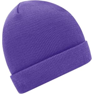 A purple knitted beanie with a folded brim and a textured finish. It features a logo on the side.