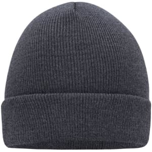 A knitted beanie in dark grey yarn with a ribbed texture and a fold-up cuff.