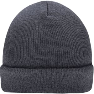 A grey knitted beanie with a rolled cuff and ribbed texture, featuring a logo.