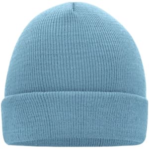 A knitted beanie in a soft blue colour with a ribbed texture and a rolled hem.