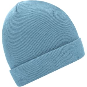 A blue knitted beanie with a folded brim, featuring a simple design and a logo.