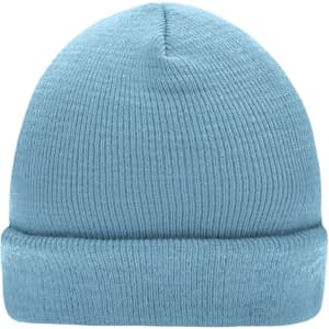 A knitted beanie in a light blue colour with a rolled-up cuff and textured fabric. Features a logo on the side.