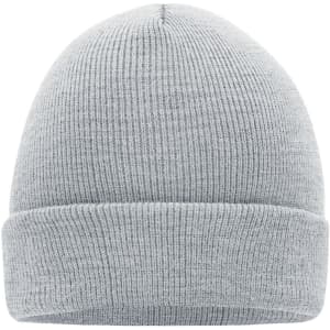 A grey knitted beanie with a rolled cuff and a textured pattern, featuring a logo.
