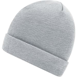 A knitted beanie in light grey, featuring a folded cuff and a textured ribbed design.
