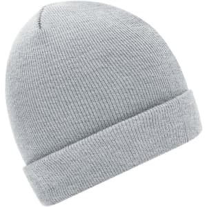 A grey knitted beanie featuring a ribbed texture and a folded cuff, with a logo on the side.