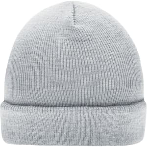 A knitted beanie in a light grey colour, featuring a folded cuff and a subtle texture. It has a logo on the side.