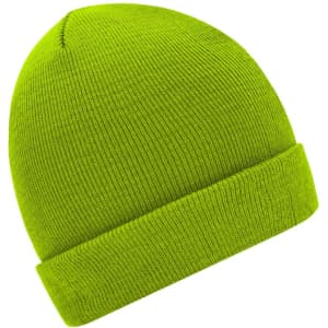 A bright green knitted beanie with a folded cuff and a smooth texture.