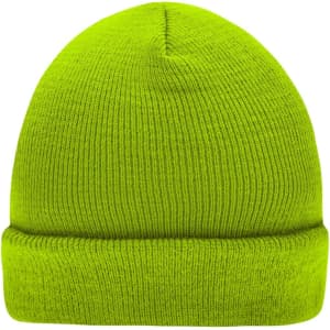 A knitted beanie in bright neon green, featuring a folded cuff and a smooth texture.