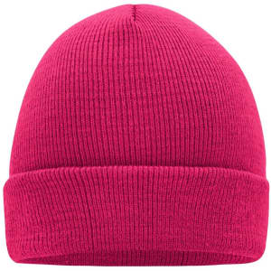 A knitted beanie in vibrant pink with a folded cuff and ribbed texture. Features a branding logo.