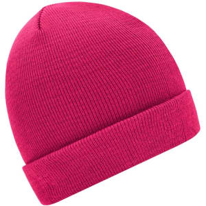 A pink knitted beanie with a cuffed design, featuring a logo.