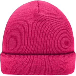 A pink knitted beanie with a turn-up cuff and ribbed texture, featuring a branding logo on the side.