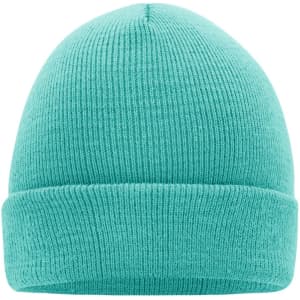 A knitted beanie in a bright teal colour with a folded cuff. It has a simple design and features a logo.