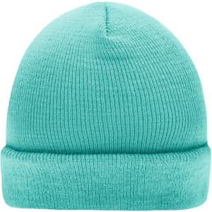 A knitted beanie in a bright teal colour, featuring a rolled-up brim and a textured knit pattern.