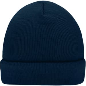 A knitted beanie in dark navy blue with a folded cuff and ribbed texture. It features a logo on the side.