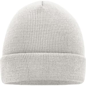 A grey knitted beanie with a folded cuff. The beanie features a simple design and has a logo.