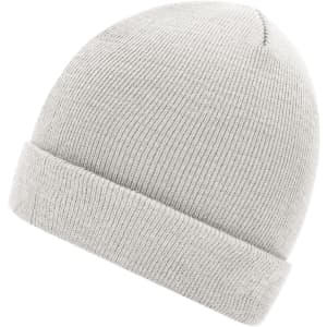 A light grey knitted beanie with a folded cuff and a simple design. It has branding on the inside.