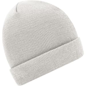 A grey knitted beanie with a turned-up cuff, featuring a simple logo on the side.