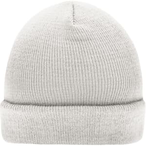 A knitted beanie in light grey, featuring a folded cuff and a textured finish. It includes a logo.