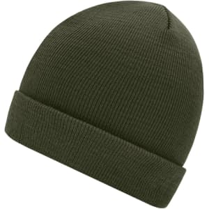 A knitted beanie in olive green, featuring a ribbed texture and a folded cuff, with a logo on the front.